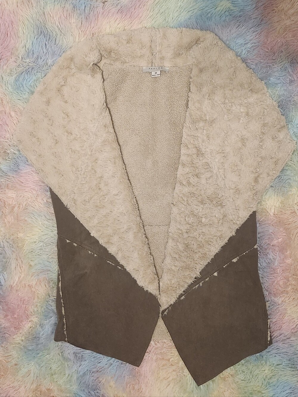 Source Unknown Cream and Brown Teddy Faux-Shearling Coatigan